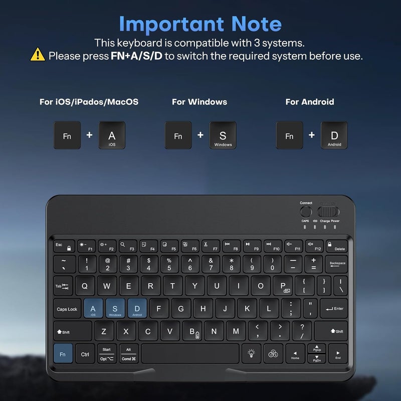 Omoton Bluetooth Keyboard for Tablet/Android/Windows/iOS, with 7 Colors Backlight Rechargeable Wireless Mini Keyboard for Galaxy Tab A9+ / S9 FE / S10 / S11 / A11 Series etc, Black - Image 4
